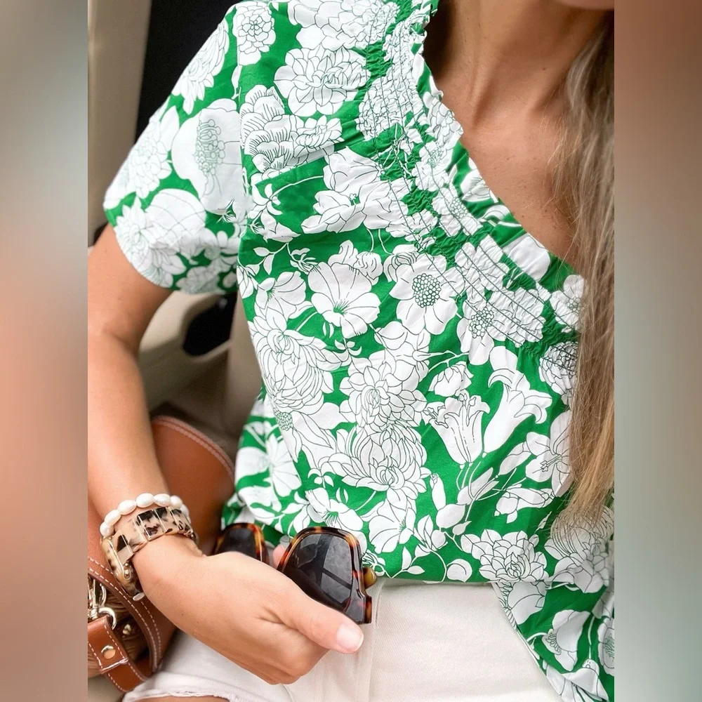 J. Crew Smocked One-Shoulder Cotton Top in Kelly Green - Sz. Medium - BNWT